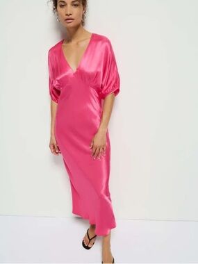 Nation “Lily Rose” Hot Pink Satin V-Neck Slip Dress NWT S